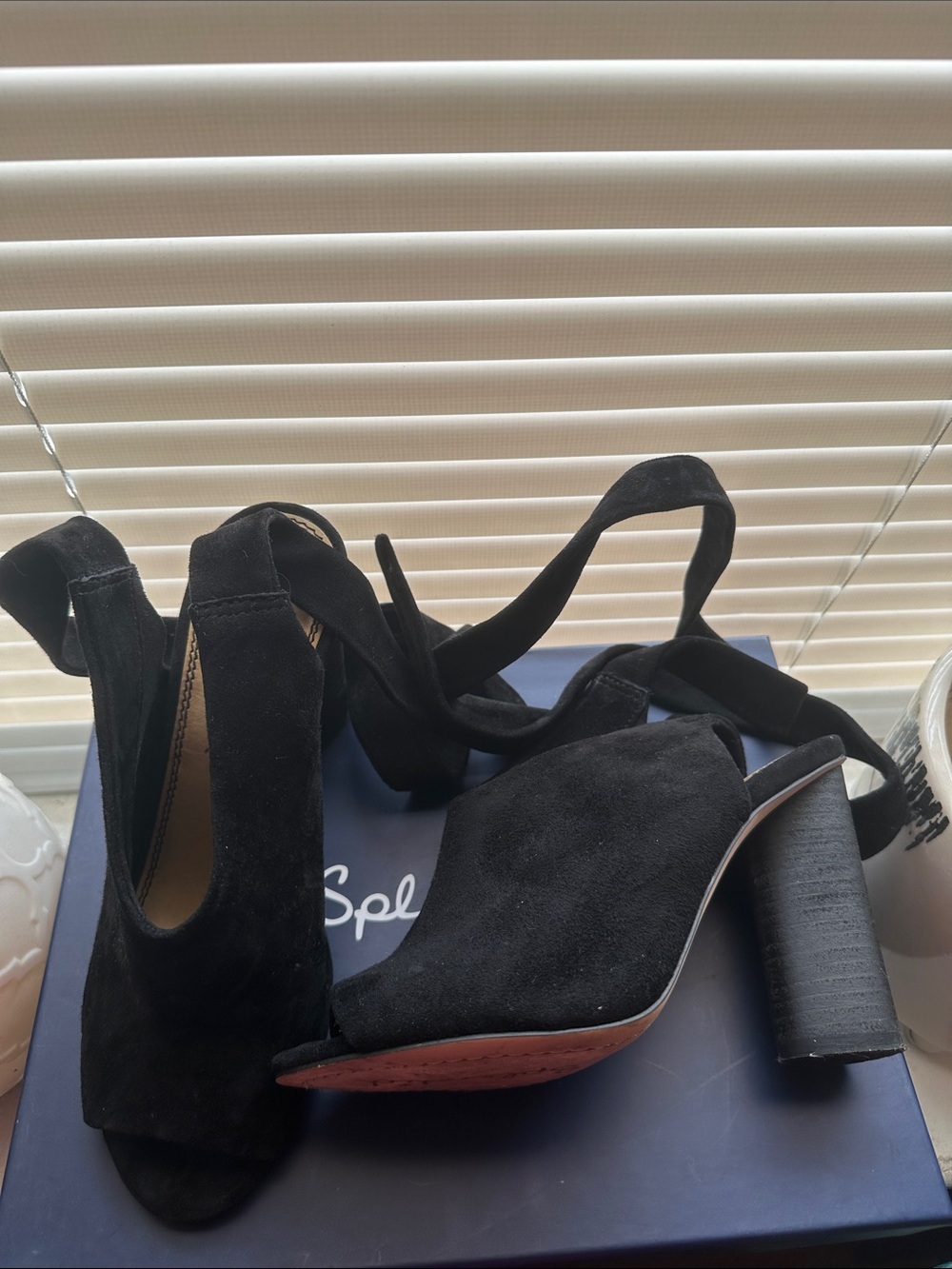 Splendid Black Suede Peep-Toe Block Heel Sandals with Ankle Wrap